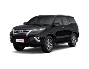 Toyota Fortuner hitam tampak serong depan dan samping untuk layanan sewa mobil premium Bogor dengan driver profesional