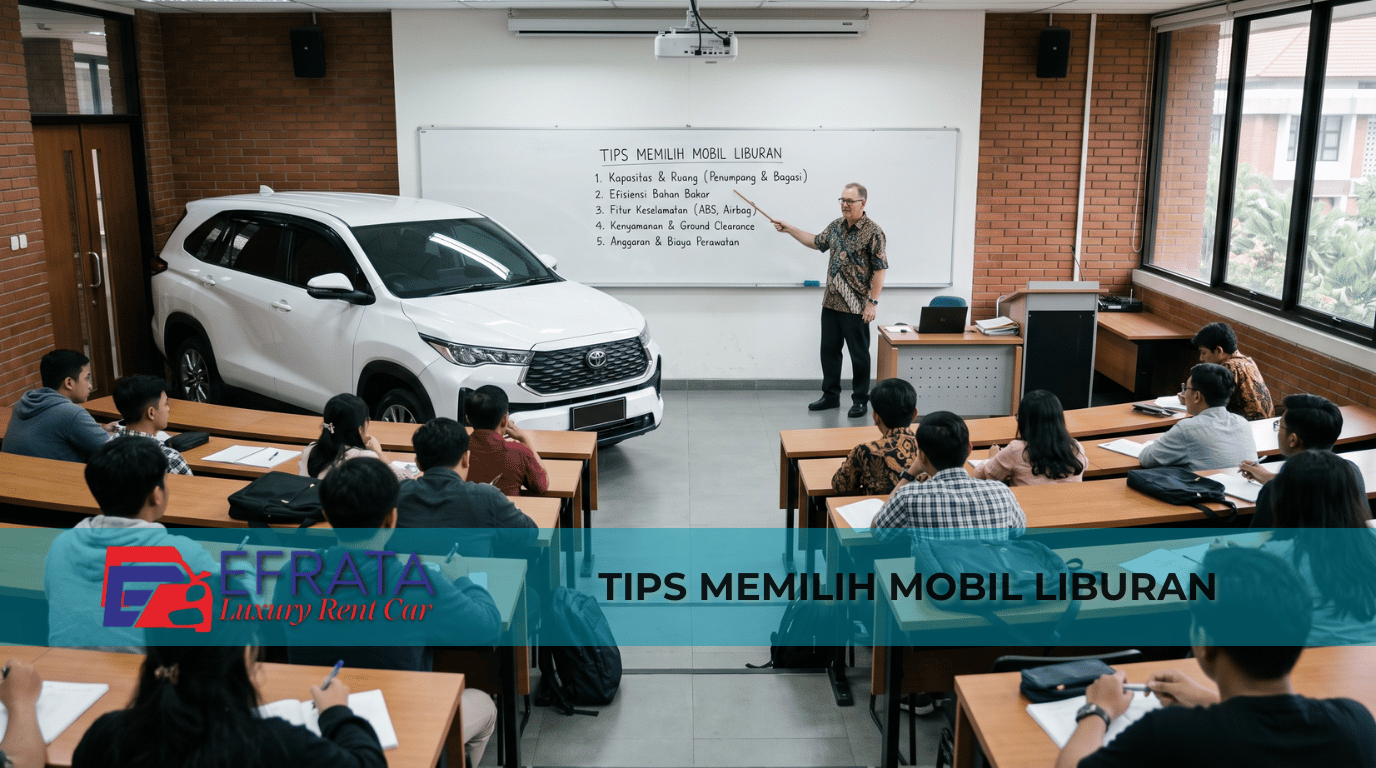 Dosen batik mengajar tips memilih mobil liburan keluarga di dalam kelas dengan SUV putih