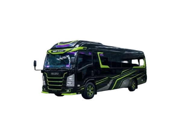 Isuzu Long Elf hitam strip kuning tampak serong depan dan samping untuk layanan sewa Elf Bogor dengan driver profesional